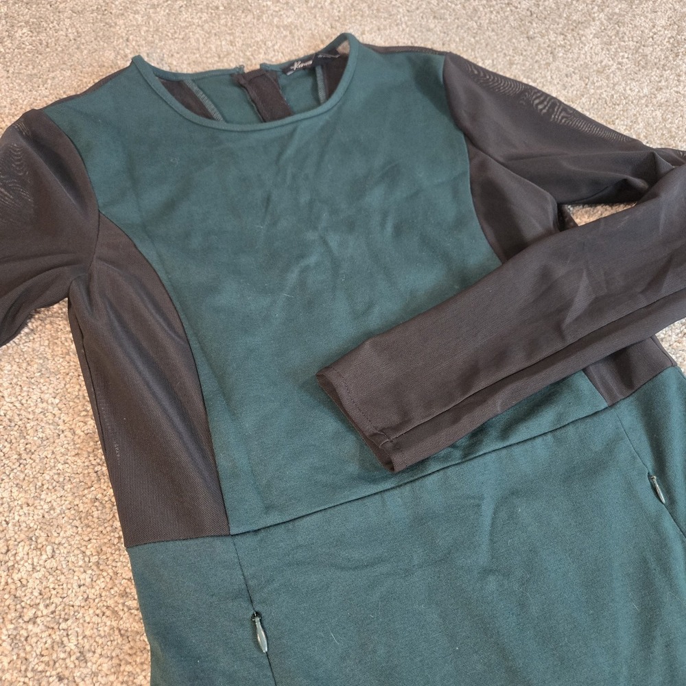 KENNETH COLE Forest Green Black Sheer Sleeve Stretch Dress Womans Size 6
